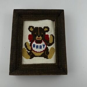 Vintage Cross Stitch Needlepoint Baby Bear Complete Framed‎